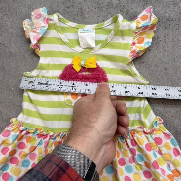 Peaches and Cream Baby Girl Cupcake Dress Green Stripe Polka Dot Flutter Sleeve - Picture 3 of 9